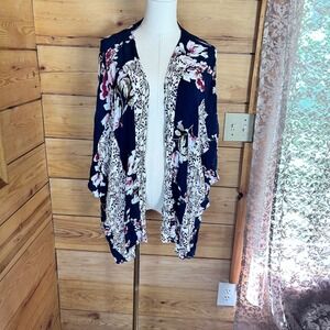 Kimono Cardigan Womens Small/Medium Navy Blue Floral Leopard Mixed Print Umgee